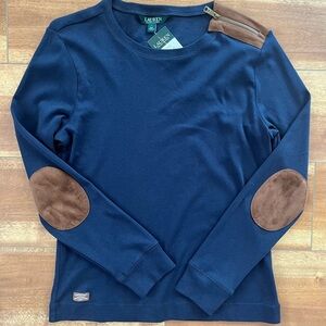 Lauren Ralph Lauren Navy Equestrian  Shirt with Brown Elbow Faux Suede Patches